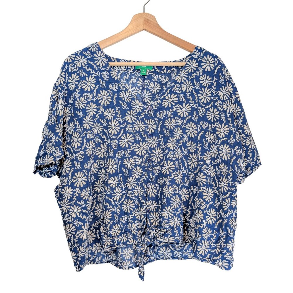 Dip Blue White Floral Button Down Tie Front Blouse Women's XL top Casual shirt
